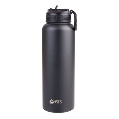 S/S Double Wall Insulated 1.1Lt Sports Bottle W/Sipper Straw Black