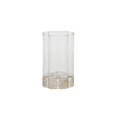 Flower Glass/Wood Hurricane 15x24cm White